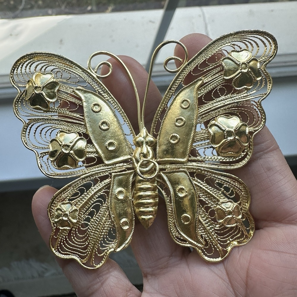 VTG Butterfly Christmas Ornament Filigree Gold Tone 3.75β Inch Flower Ornate